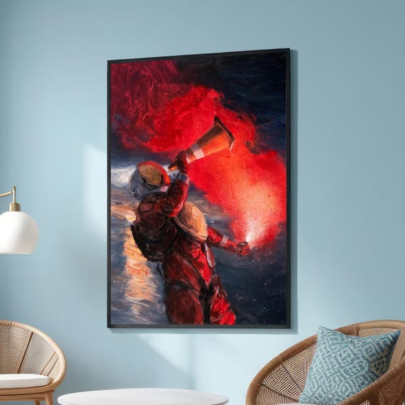 Astronaut With Flare Canvas Modern Space Art Bold Red Wall Decor Futuristic Painting Cosmic Adventure Artwork For Home
