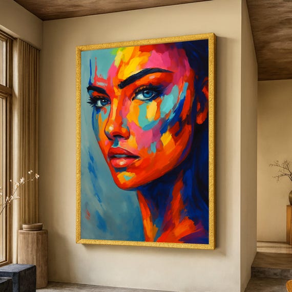 Vibrant Abstract Portrait Canvas Colorful Woman Face Art Modern Expressionist Wall Decor Contemporary Painting For Home