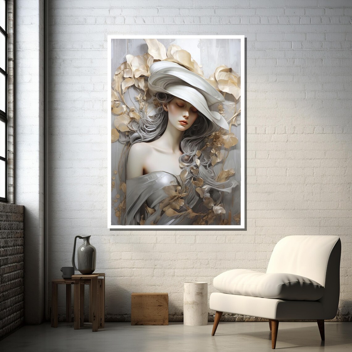 Elegant Woman In White Hat, Surreal Botanical Art Print - Image 3