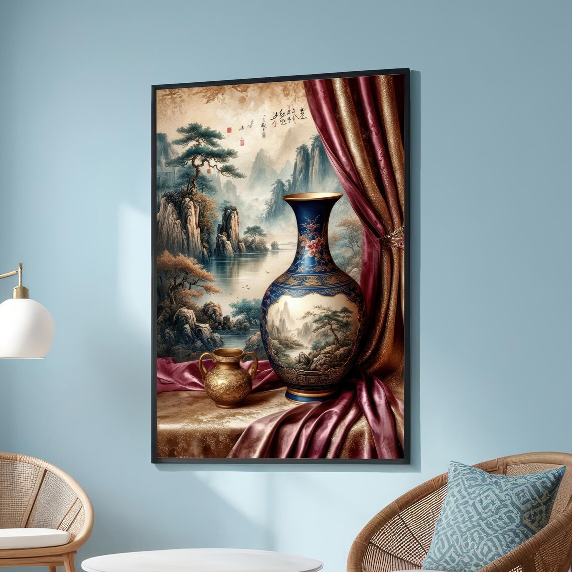 Chinese Vase Still Life Poster Blue Porcelain Mountain Landscape Silk Decor
