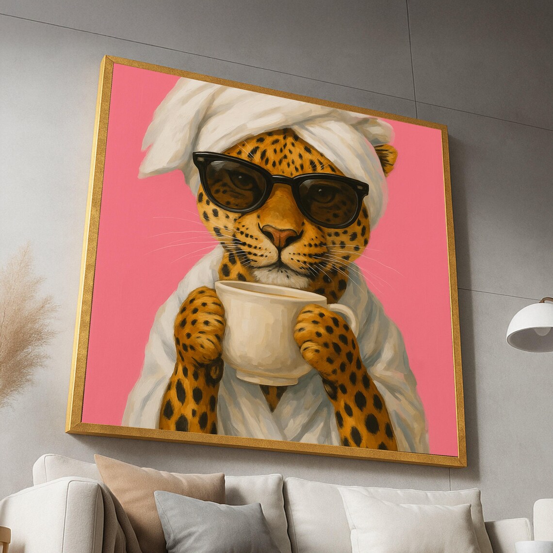 Cool Leopard With Sunglasses And Coffee Cup Poster, Funny Animal
