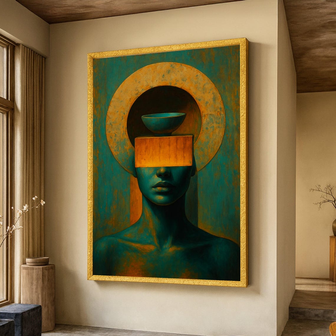 Modern Abstract Portrait Teal Surreal Face Gold Halo Art Print