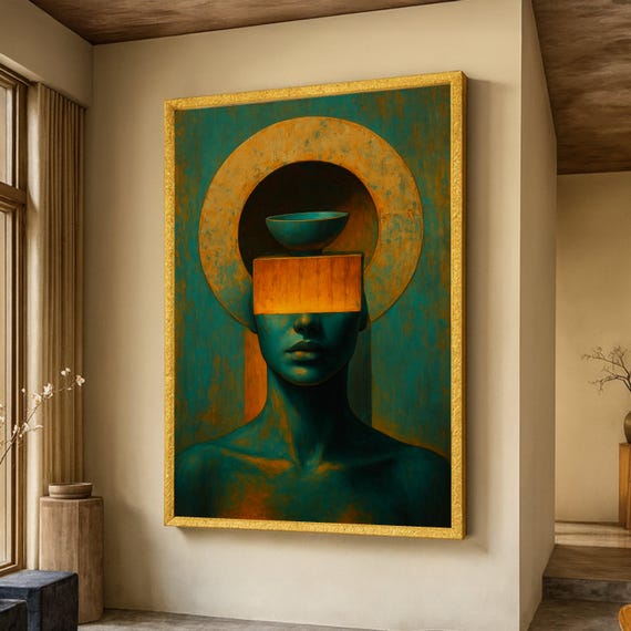 Modern Abstract Portrait Canvas Wall Art Surreal Face Painting Contemporary Blue And Orange Artwork Mystical Home Decor Unique