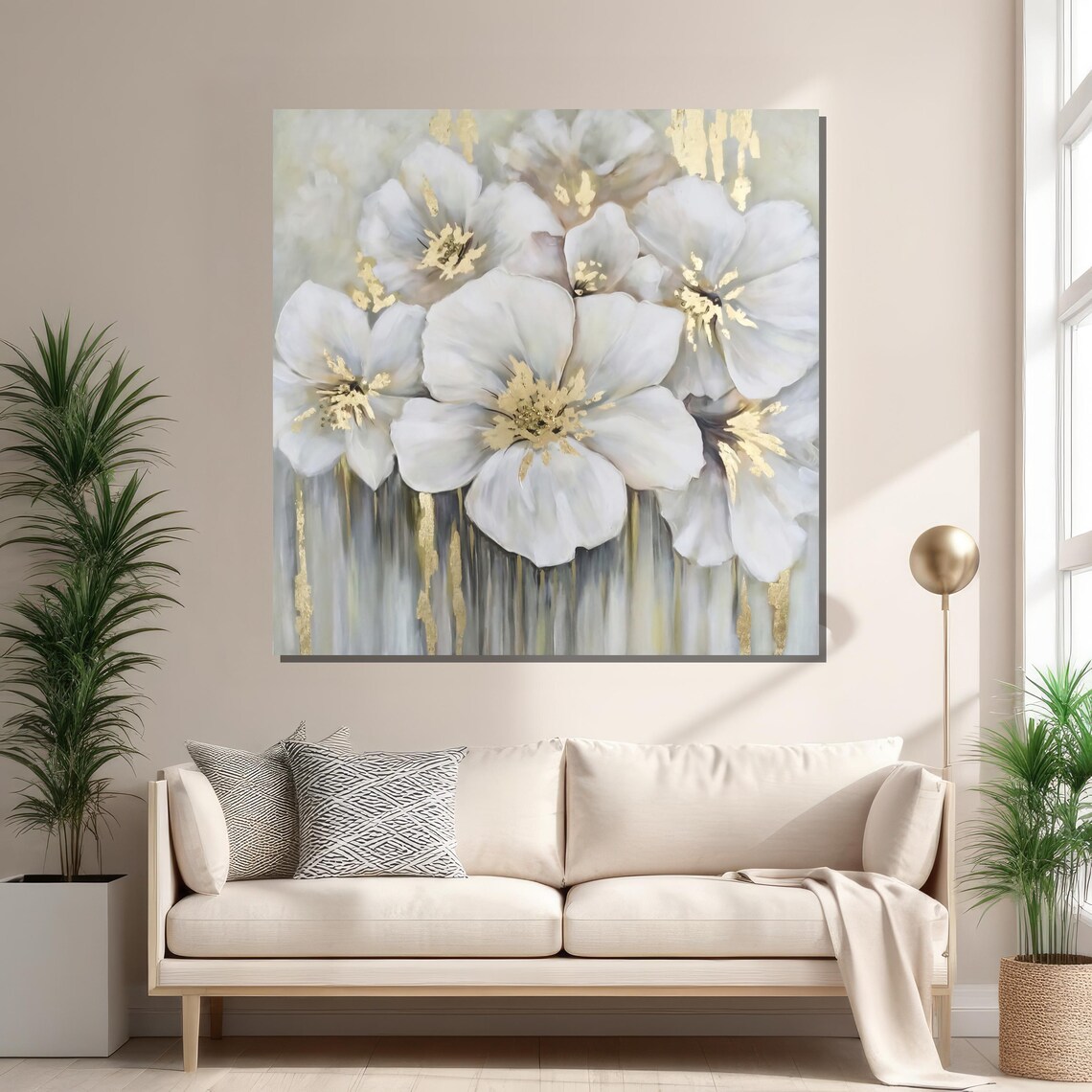 Elegant White Flowers With Gold Accents, Modern Floral - Image 2