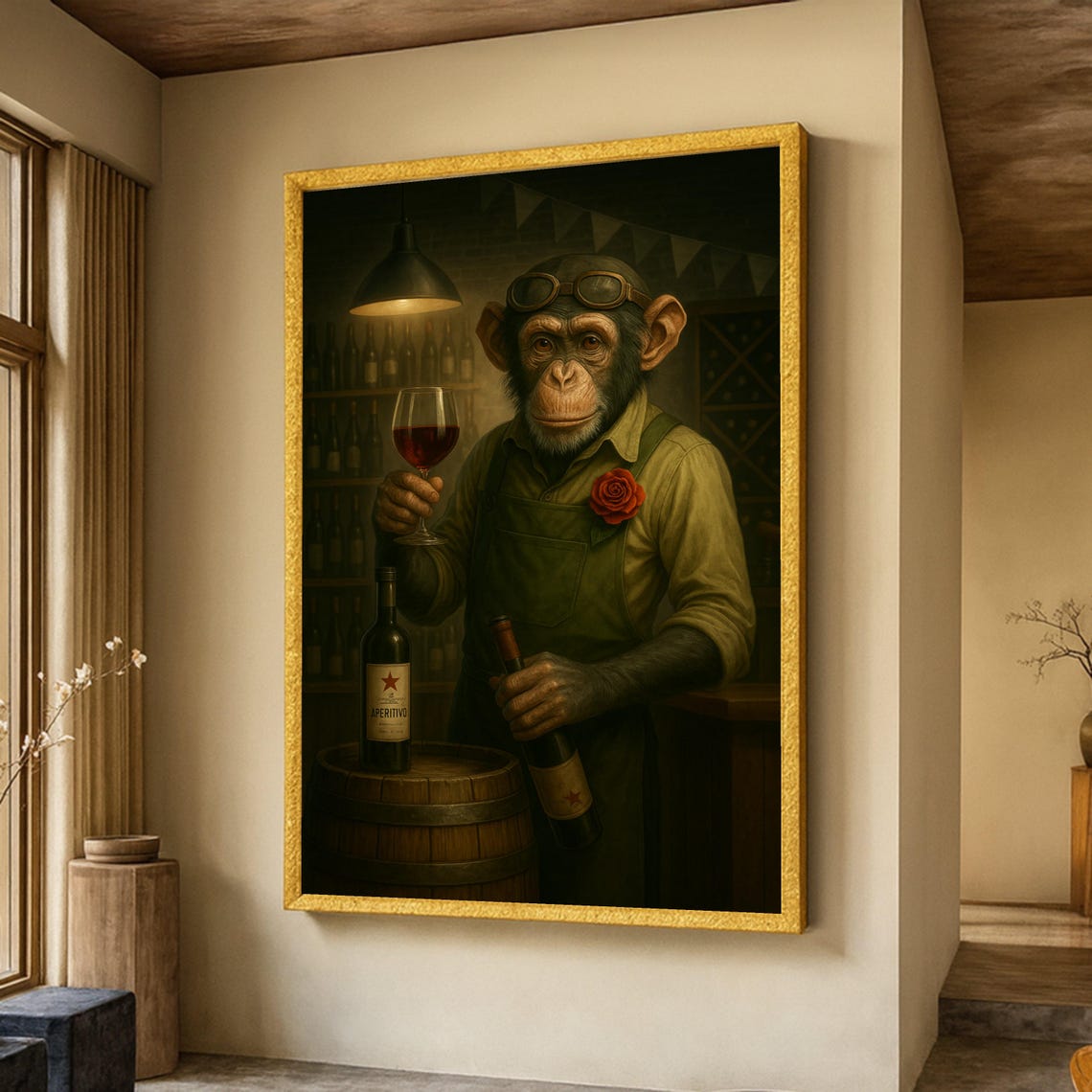 Chimpanzee Sommelier Wine Tasting Portrait Humorous Animal Bar Poster