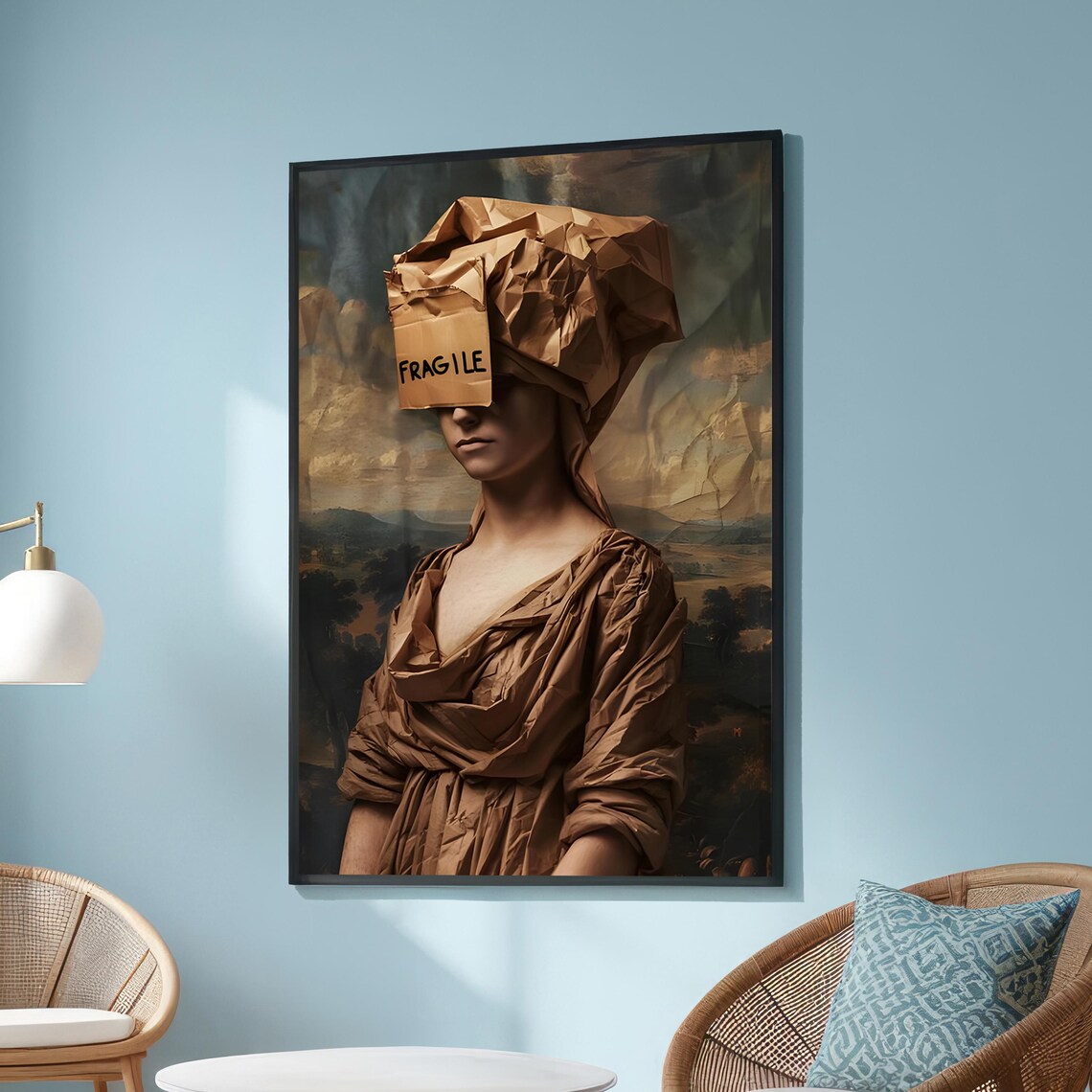 Fragile Paper Bag Woman Surreal Portrait Conceptual Renaissance Poster