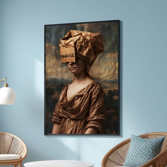 Surreal Fragile Woman Art Print Conceptual Portrait With Paper Bag And Gown Thoughtprovoking Wall For Modern Spaces