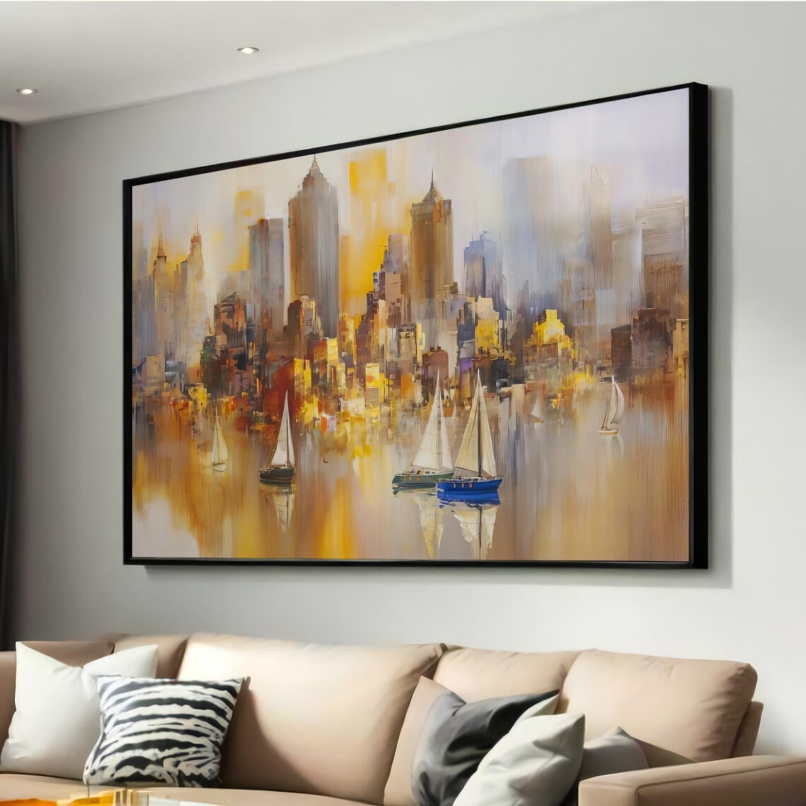 Abstract Cityscape With Sailboats, Modern Urban Art