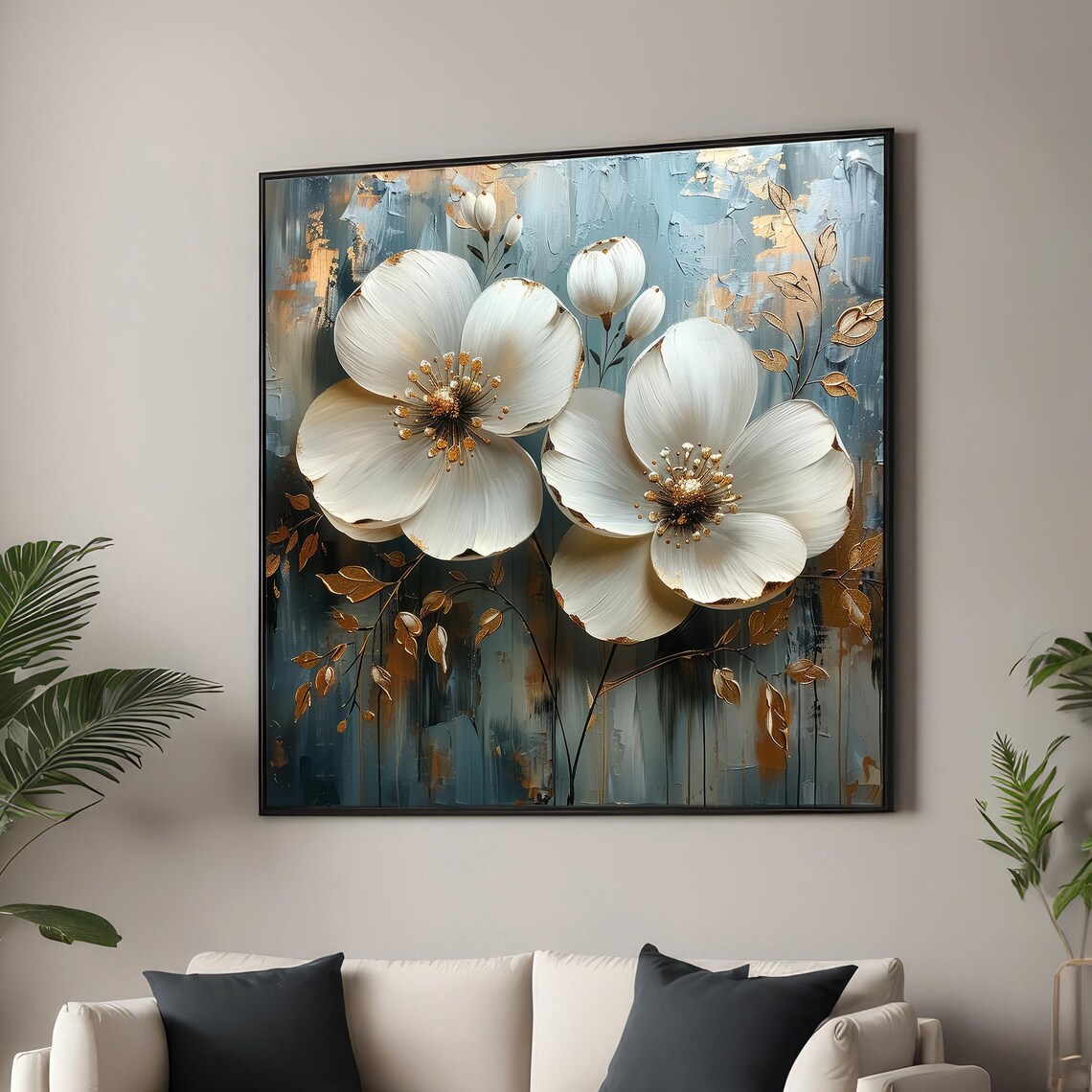Elegant White Floral Art, Gold Accented Decor