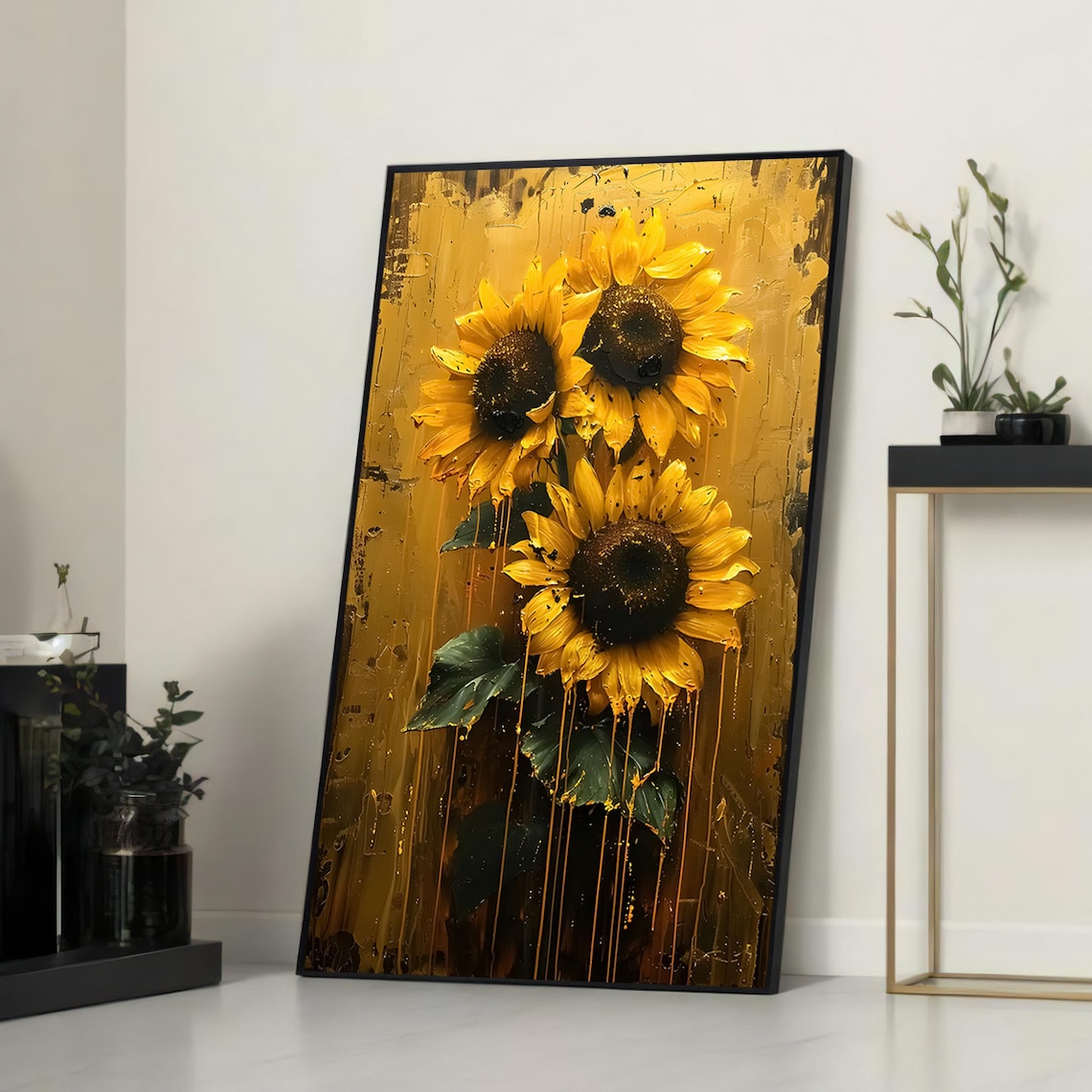 Sunflowers With Dripping Paint, Bold Floral Art Print