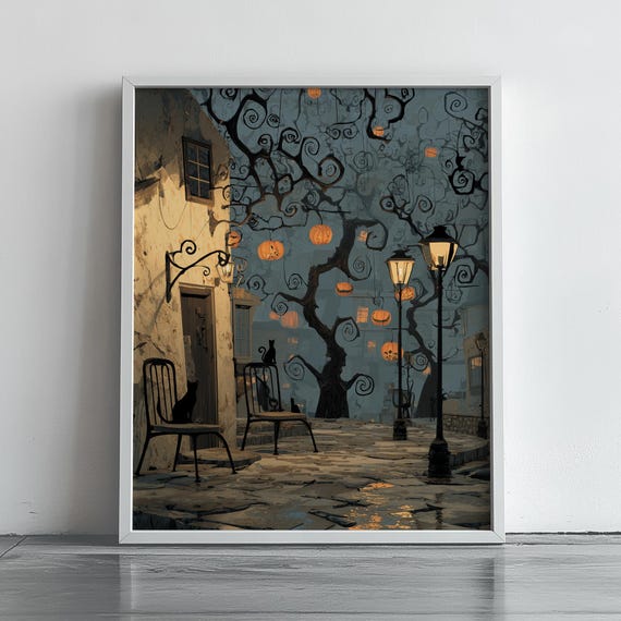 Spooky Halloween Night Street Lampposts Pumpkins Black Cats Poster