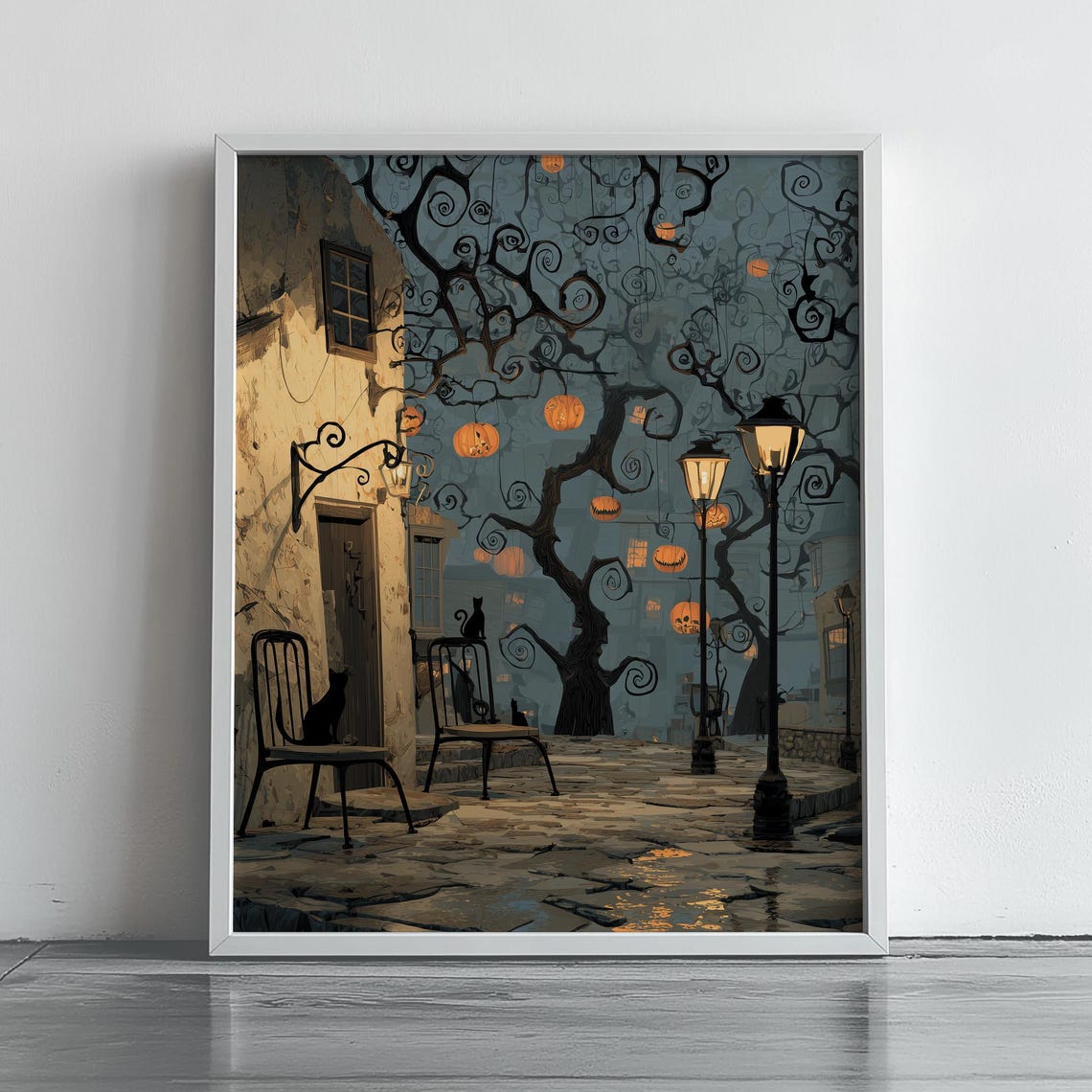 Spooky Halloween Night Street Lampposts Pumpkins Black Cats Poster