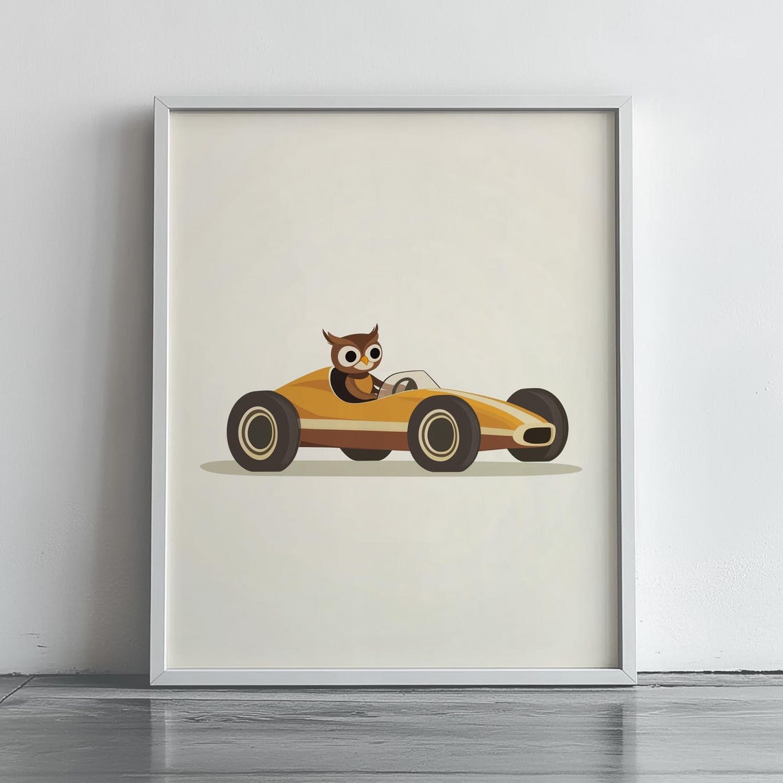 Adorable Owl Driving Orange Race Car Kids Nursery Decor Poster