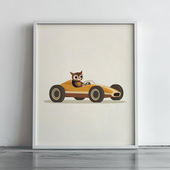 Adorable Owl Driving Orange Race Car Kids Nursery Decor Poster