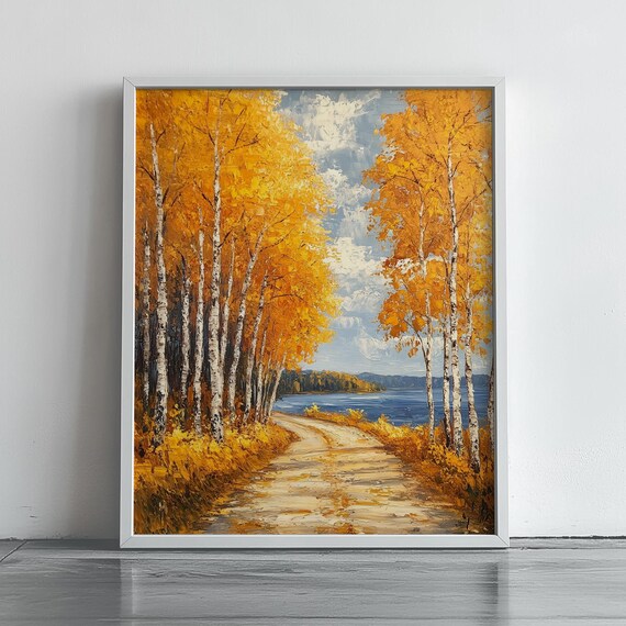 Golden Birch Trees Autumn Pathway To Lake Oil Painting Poster