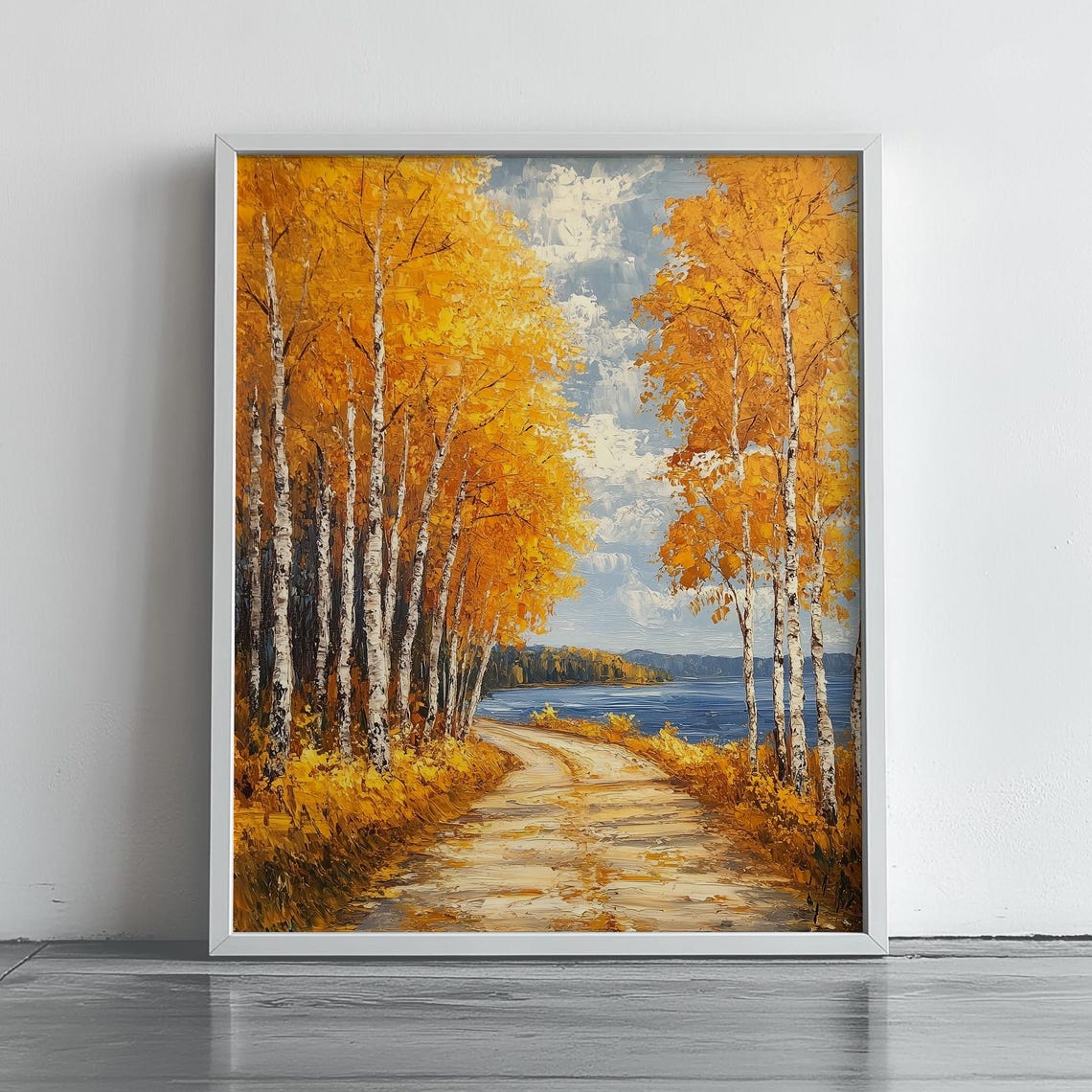 Golden Birch Trees Autumn Pathway To Lake Oil Painting Poster