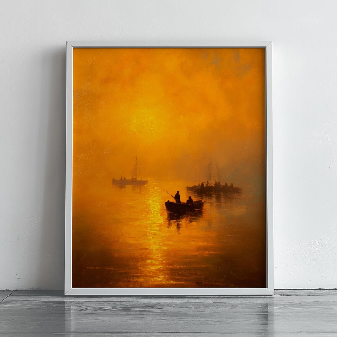 Golden Dawn Fishing Boats Morning Mist Turner Style Seascape Print