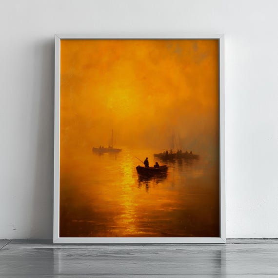 Atmospheric Dawn Fishing Scene Rustic Wall Art Turners Style Moody Morning Sunrise For Home Decor Autumn Landscape 128