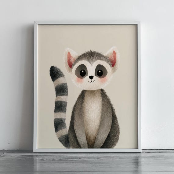 Cute Baby Lemur Portrait Adorable Animal Illustration Nursery Wall Art Childrens Room Decor Playroom Print 224