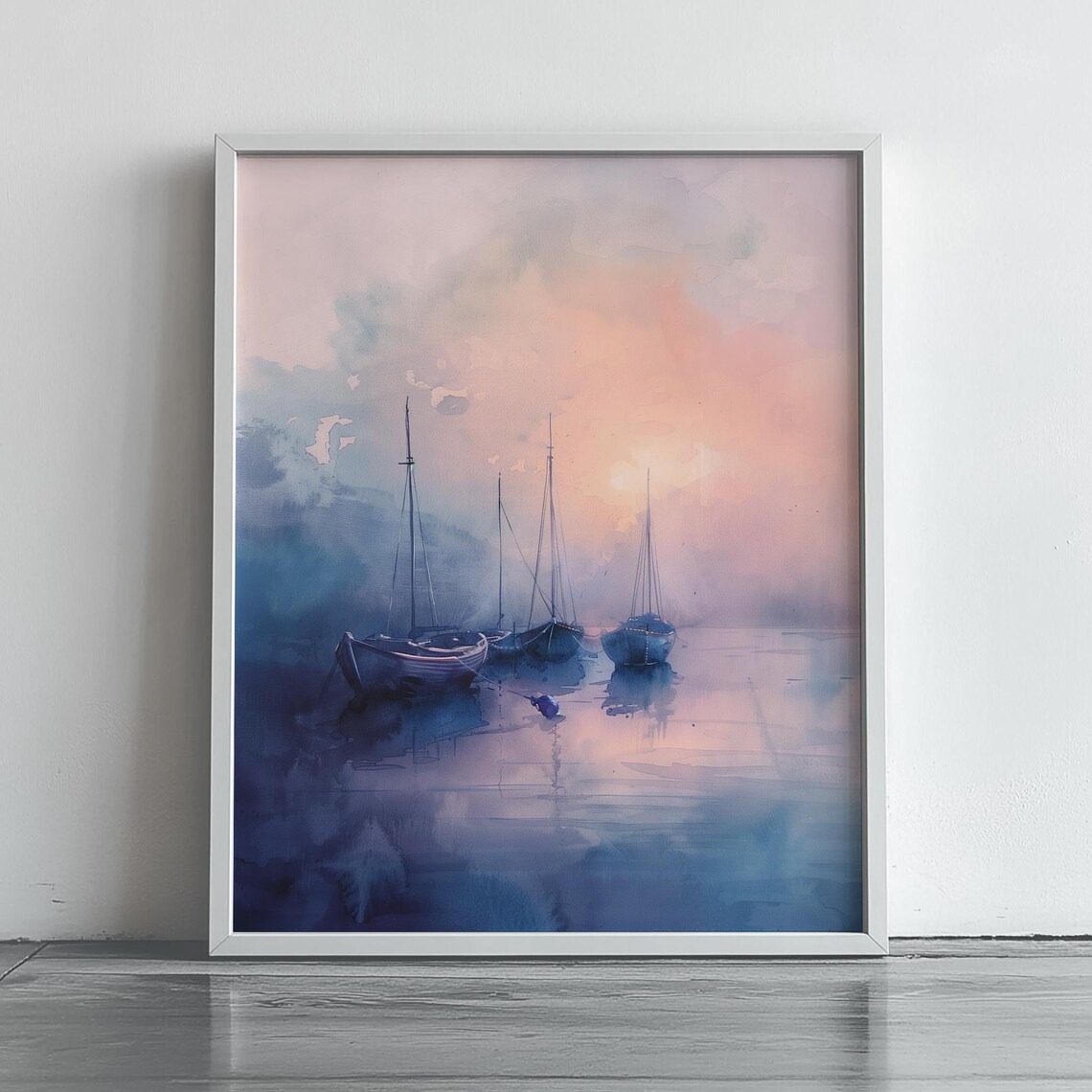Sailboats at Misty Pink Sunrise Watercolor Harbor Art Poster