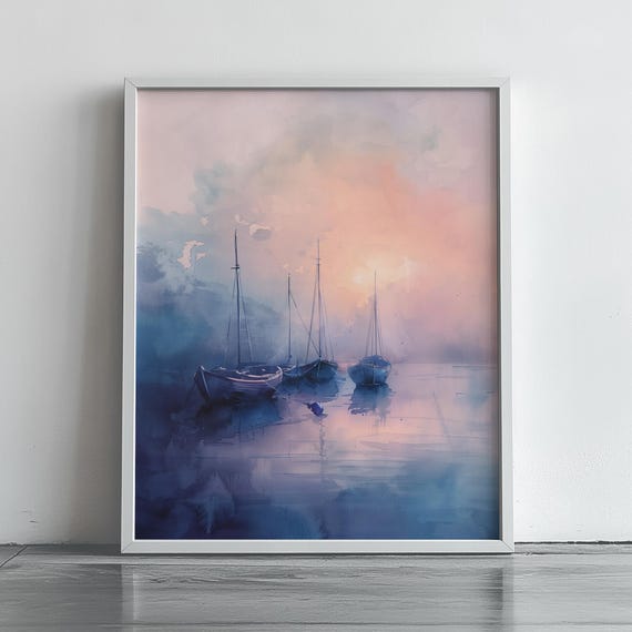 Dreamy Fishing Boats At Dawn Serene Watercolor Tranquil Seascape Art Moody Wall Decor Nautical Landscape Painting 446