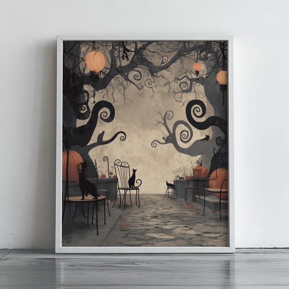 Spooky Black Cats Twisted Trees Pumpkin Lanterns Halloween Poster