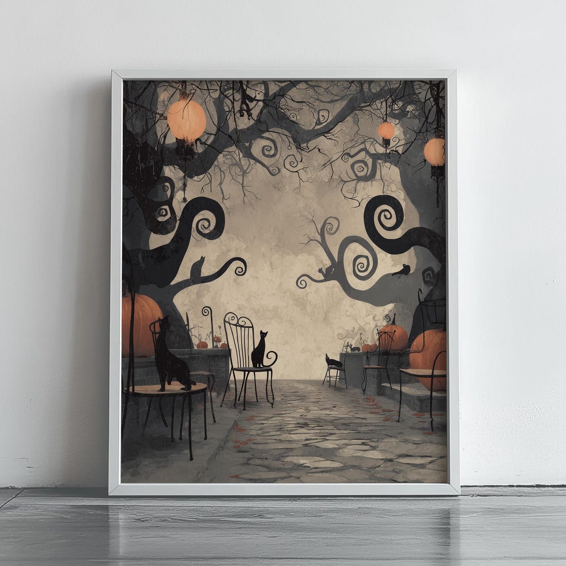 Spooky Black Cats Twisted Trees Pumpkin Lanterns Halloween Poster