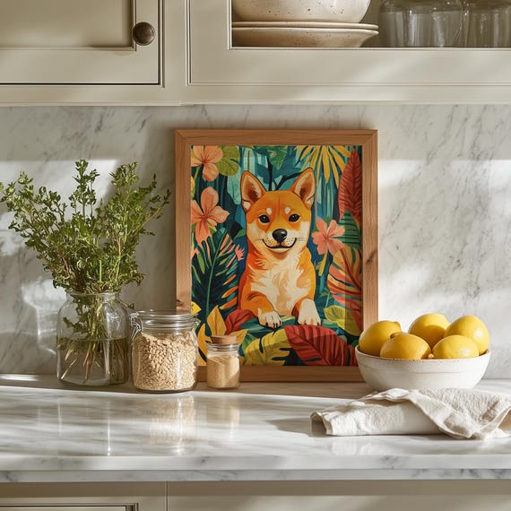 Colorful Shiba Inu Painting Vibrant Dog Wall Art Tropical Animal Decor Bright Canvas Print Cute Pet Artwork For Home 34