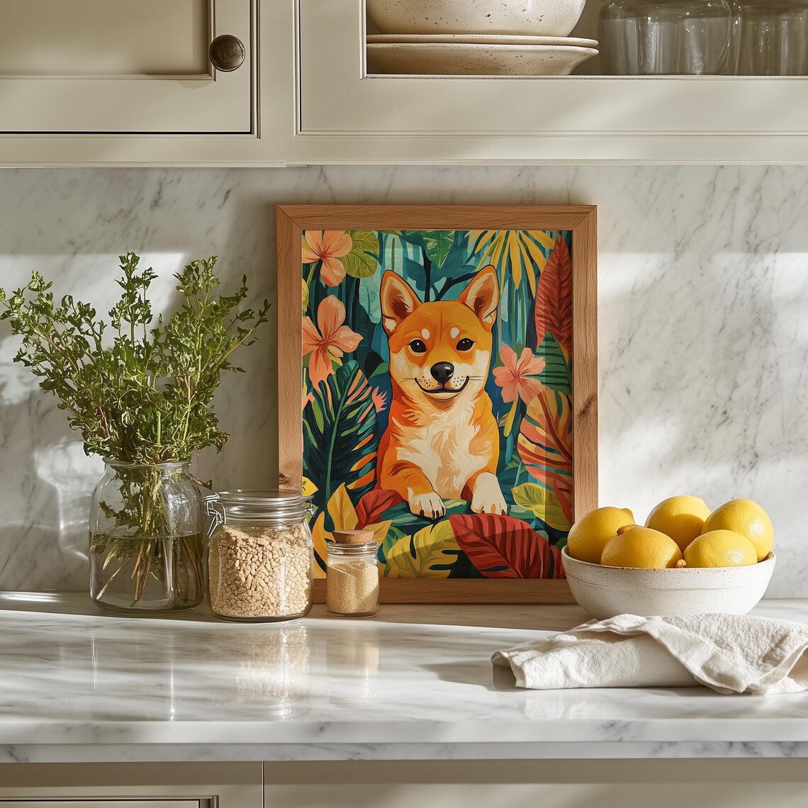Smiling Shiba Inu Pup In Tropical Flowers Colorful Dog Wall Art