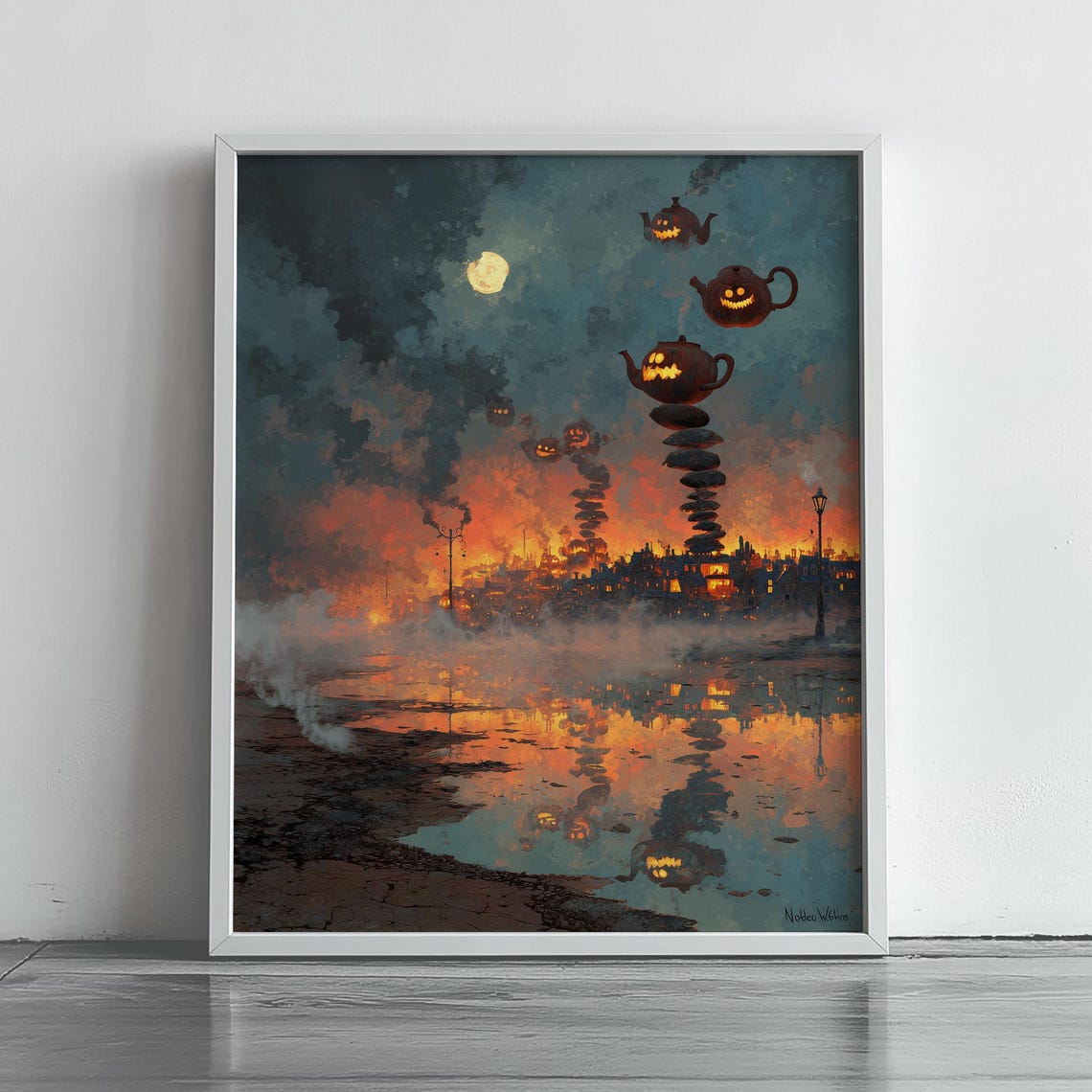 Halloween Floating Pumpkin Teapots Poster Surreal Moonlit Night Spooky Town