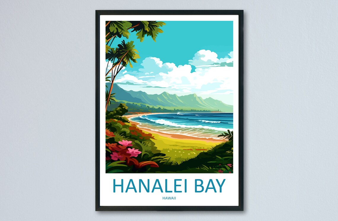 Hanalei Bay Hawaii Tropical Beach Palms Surf Retro Travel Poster Art