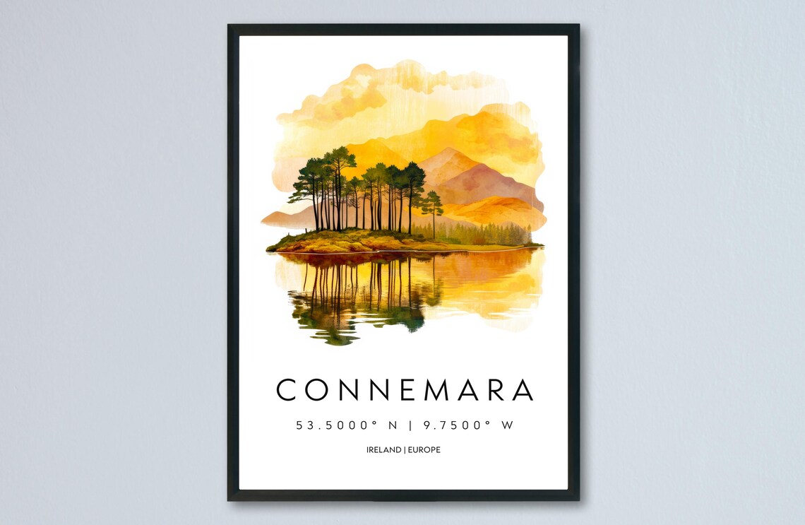 Connemara Golden Lake Light Ireland Watercolor Travel Poster