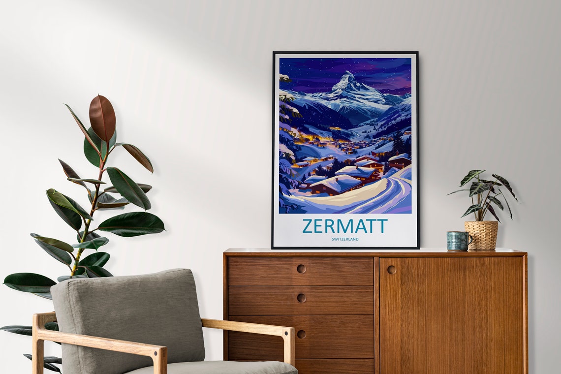 Zermatt Switzerland Night View Matterhorn Lit Village Chalets Poster - Image 2
