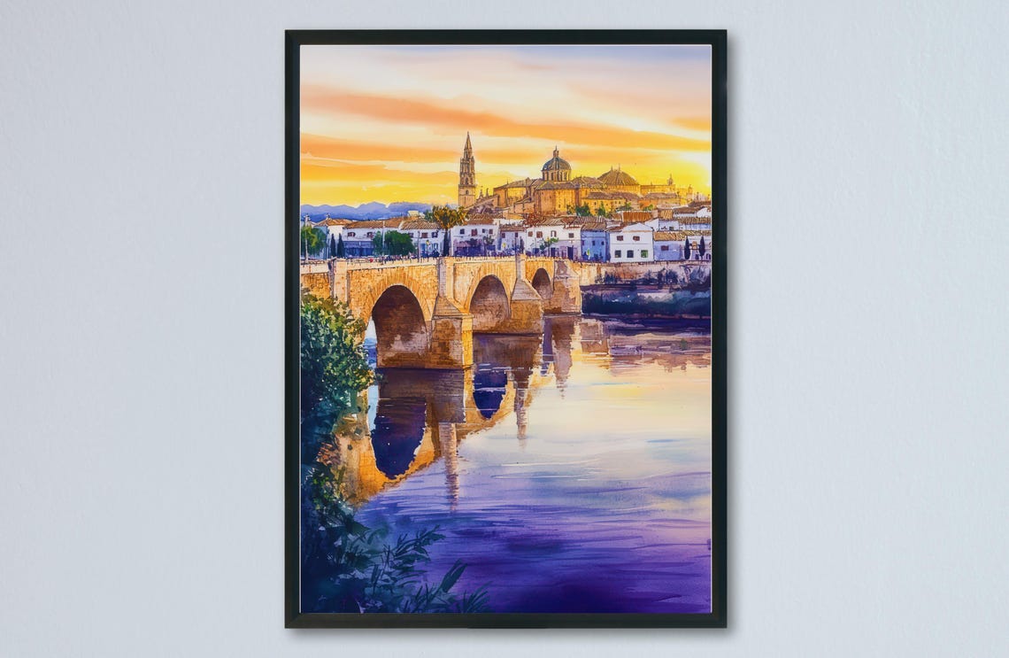 Cordoba Spain Roman Bridge Sunset Watercolor River Cityscape Poster