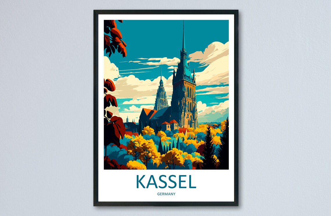 Kassel Germany Poster with Historic Church Towers Over Autumn Trees