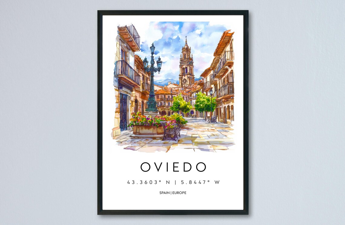 Oviedo Spain Cathedral Plaza Historic Old Town Watercolor Art Poster