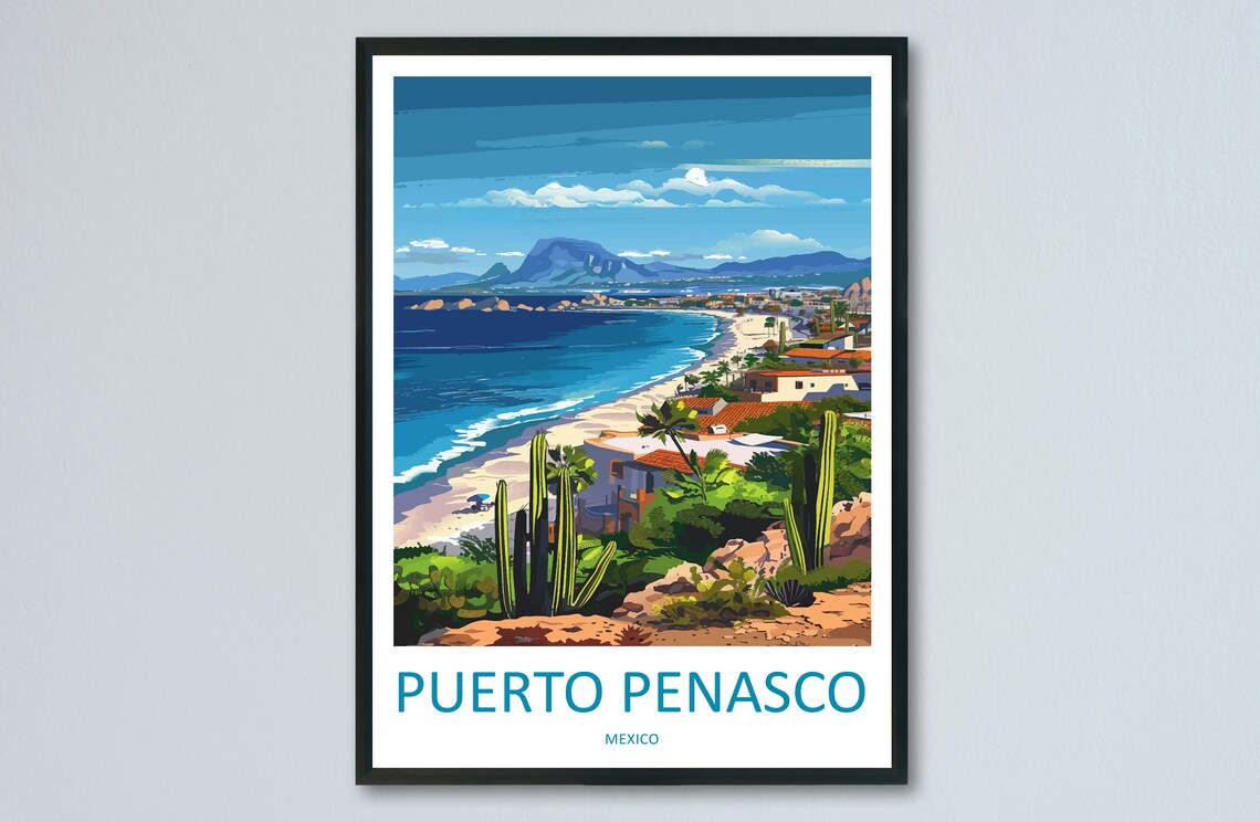 Puerto Penasco Mexico Travel Poster with a Beach, Cacti and Mountain