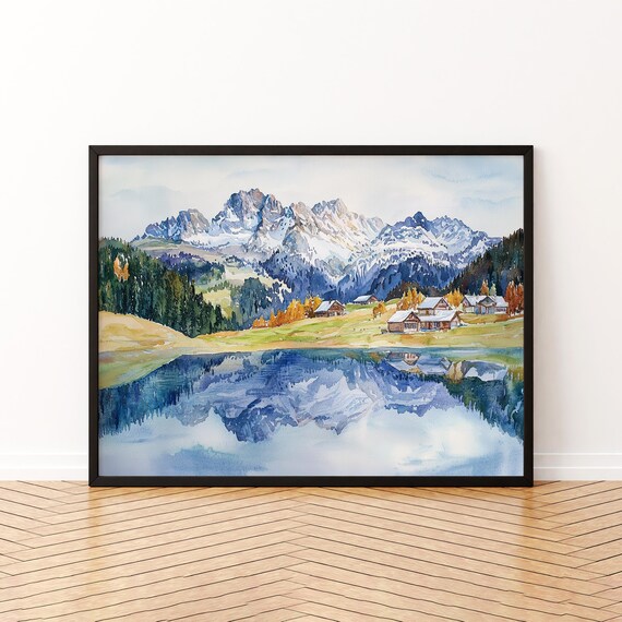 Arosa Switzerland Watercolor Poster Lake Reflection Chalets Alps Peak