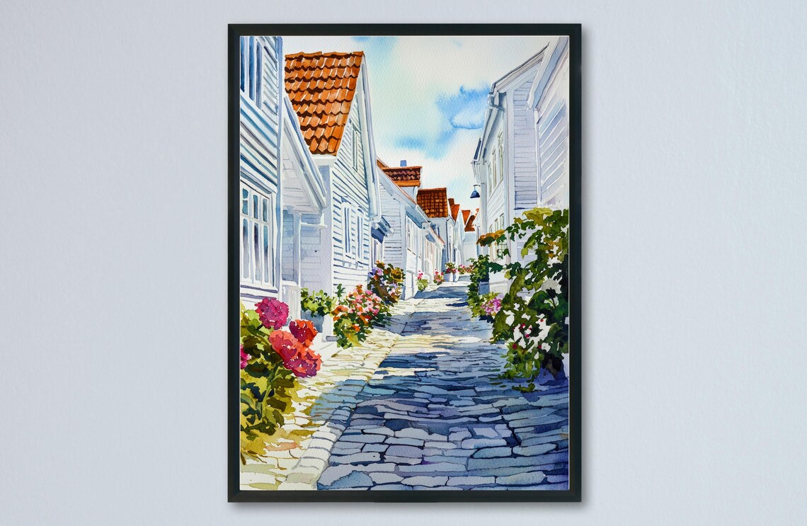 Stavanger Old Town White Houses Flower Alley Norway Watercolor Poster