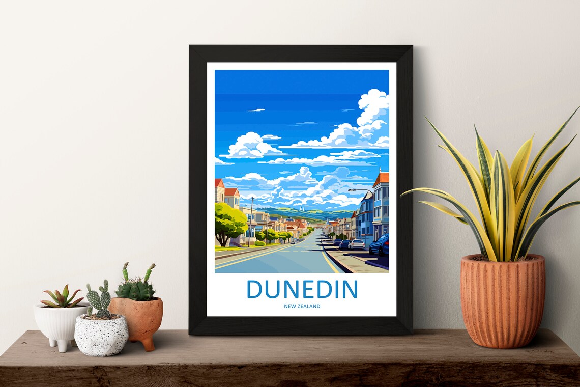 Dunedin New Zealand Heritage City Street Blue Sky Travel Poster - Image 3