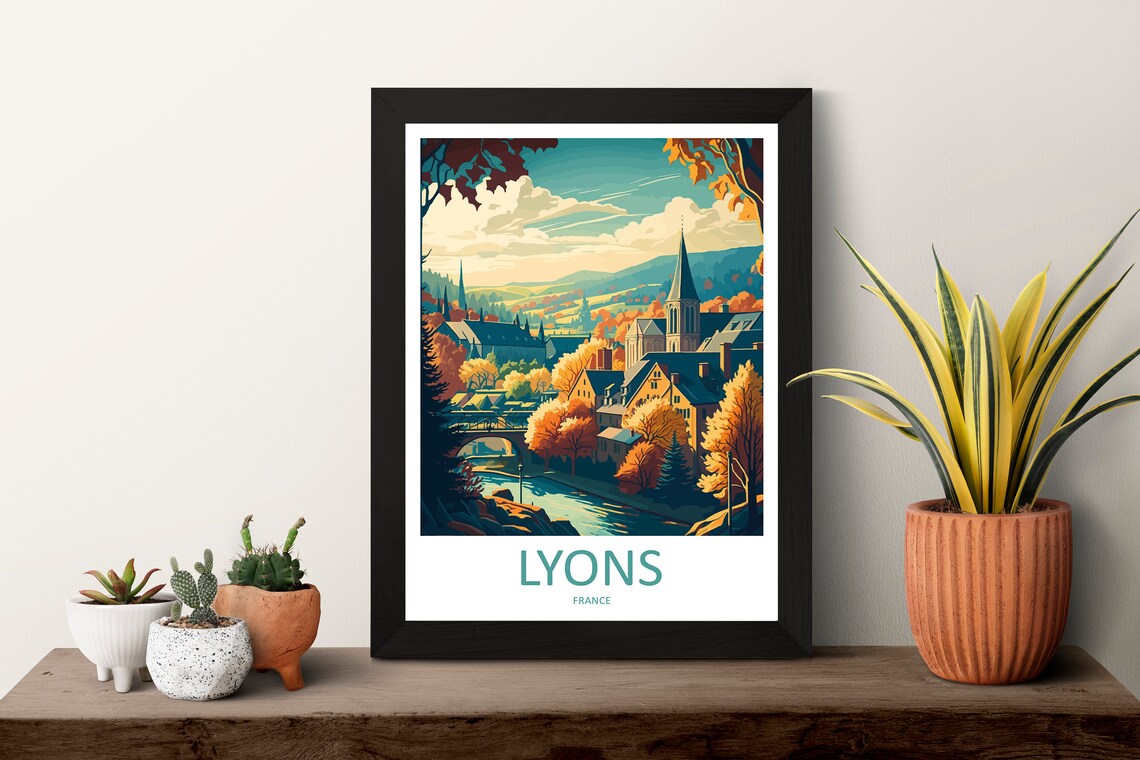 Lyons France Vintage Autumn Riverside Town Travel Poster Fall - Image 3