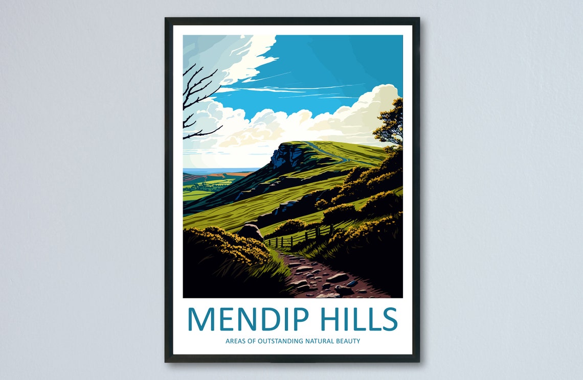 Mendip Hills England Rolling Green Hills Vintage Travel Poster
