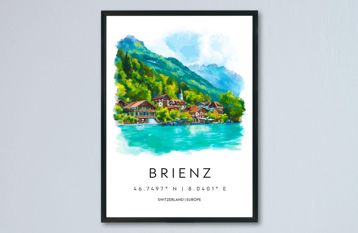 Brienz Turquoise Lake Village Watercolor Switzerland Alpine Poster