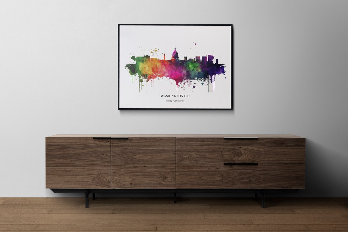 Washington DC Watercolor Skyline Rainbow Modern City Art Poster - Image 2