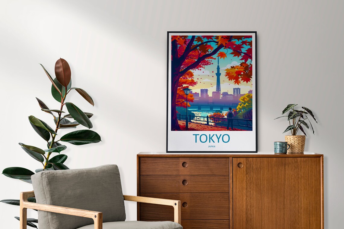 Tokyo Japan Autumn Travel Poster with Skytree and Maple Leaves - Image 2