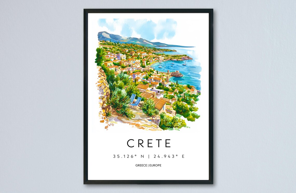 Crete Greece Charming Island Bay Harbor Watercolor Travel Poster