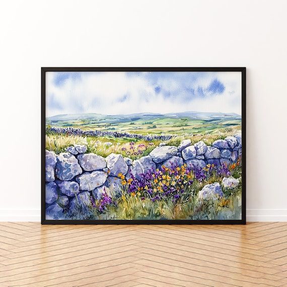 The Burren Limestone Walls Wildflowers Green Fields Watercolor Poster