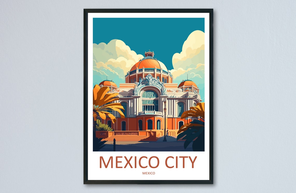 Mexico City Palacio de Bellas Artes Orange Dome Vintage Travel Poster