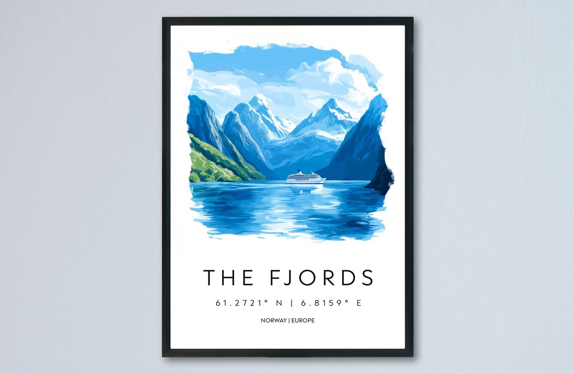 The Fjords Norway Watercolor Mountain Cruise Ship Travel Poster