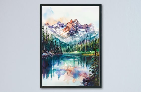 Rocky Mountain Alpine Lake Reflection Watercolor Nature Poster
